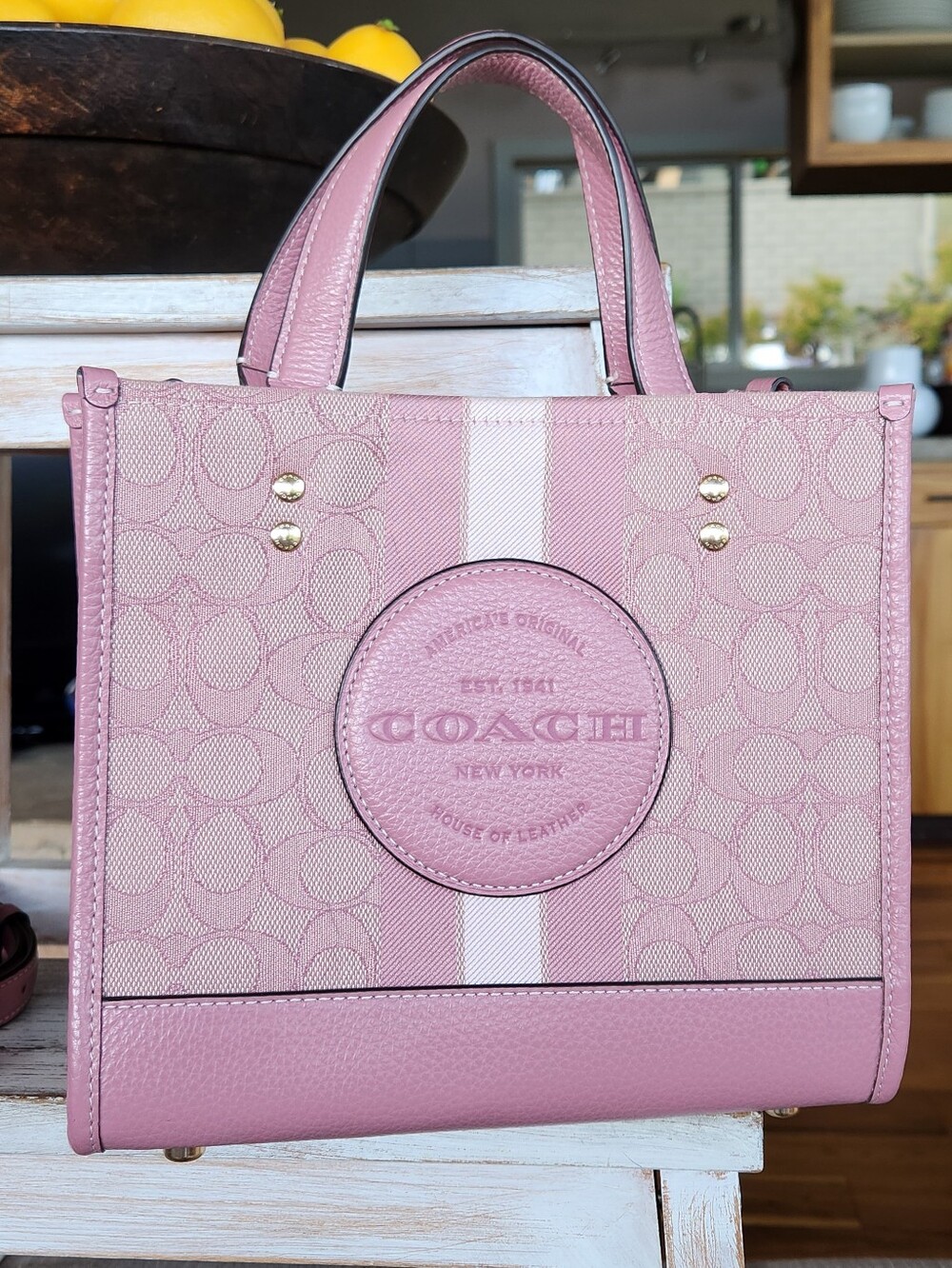 Coach Pink Signature Stripe Dempsey Satchel
